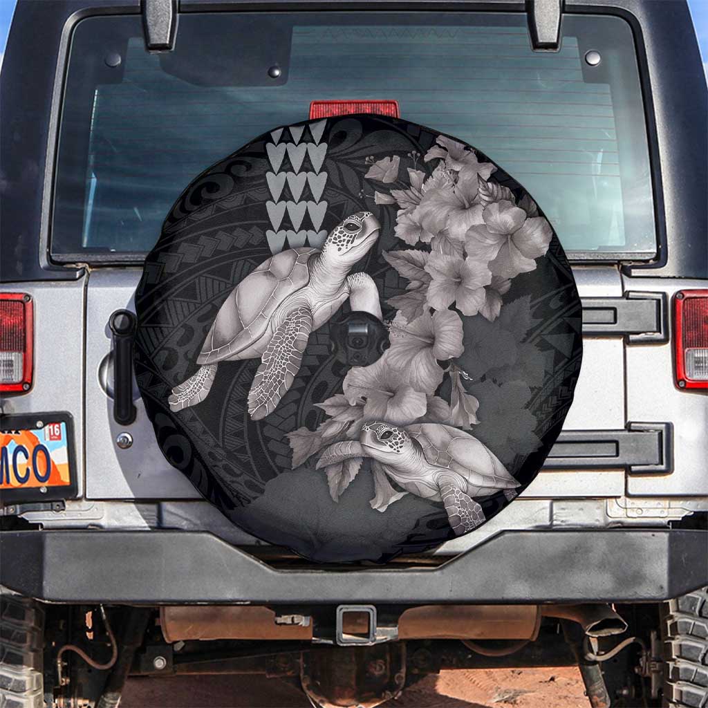 Hawaiian Turtle Love Couple Spare Tire Cover - Sweet Hibiscus and Kakau Pattern Grayscale Color