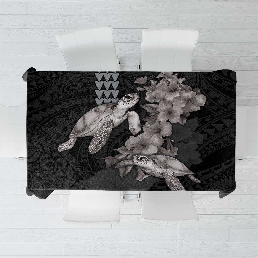 Hawaiian Turtle Love Couple Tablecloth - Sweet Hibiscus and Kakau Pattern Grayscale Color