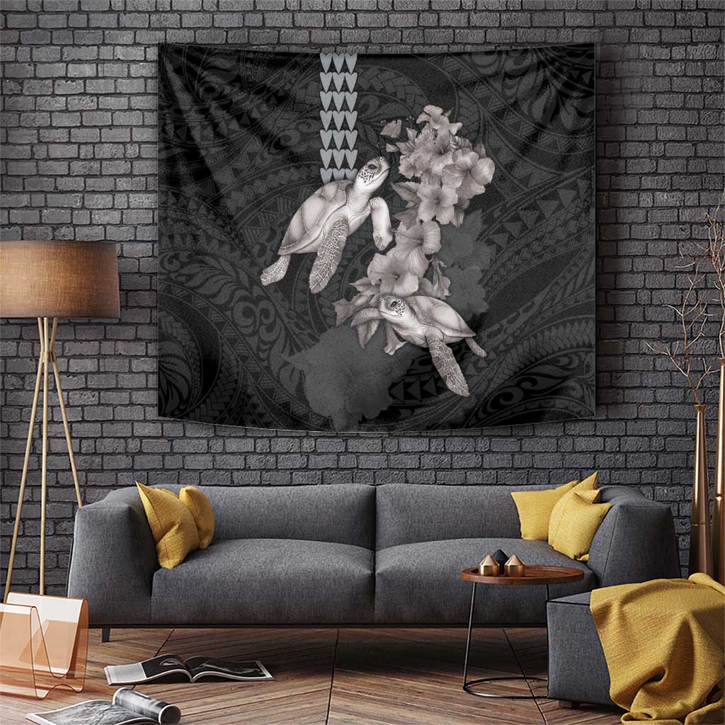 Hawaiian Turtle Love Couple Tapestry - Sweet Hibiscus and Kakau Pattern Grayscale Color