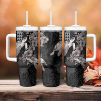Hawaiian Turtle Love Couple Tumbler With Handle Sweet Hibiscus and Kakau Pattern Grayscale Color