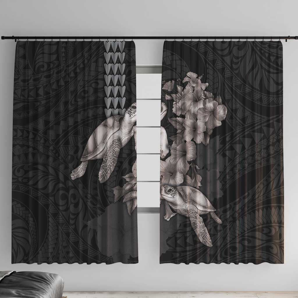 Hawaiian Turtle Love Couple Window Curtain - Sweet Hibiscus and Kakau Pattern Grayscale Color