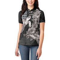 Hawaiian Turtle Love Couple Women Polo Shirt - Sweet Hibiscus and Kakau Pattern Grayscale Color