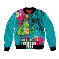 Hawaii Great Aloha Run 40th Anniversary Bomber Jacket With Turtle Mascot Marathon Hibiscus and Kakau LT03 Unisex Turquoise - Polynesian Pride