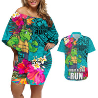 Hawaii Great Aloha Run 40th Anniversary Couples Matching Off Shoulder Short Dress and Hawaiian Shirt With Turtle Mascot Marathon Hibiscus and Kakau LT03 Turquoise - Polynesian Pride