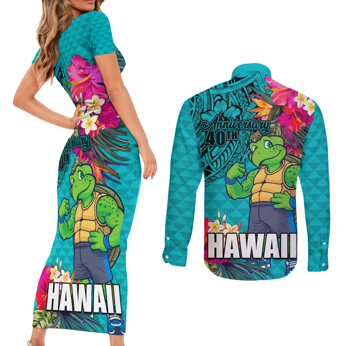 Hawaii Great Aloha Run 40th Anniversary Couples Matching Short Sleeve Bodycon Dress and Long Sleeve Button Shirt With Turtle Mascot Marathon Hibiscus and Kakau LT03 - Polynesian Pride