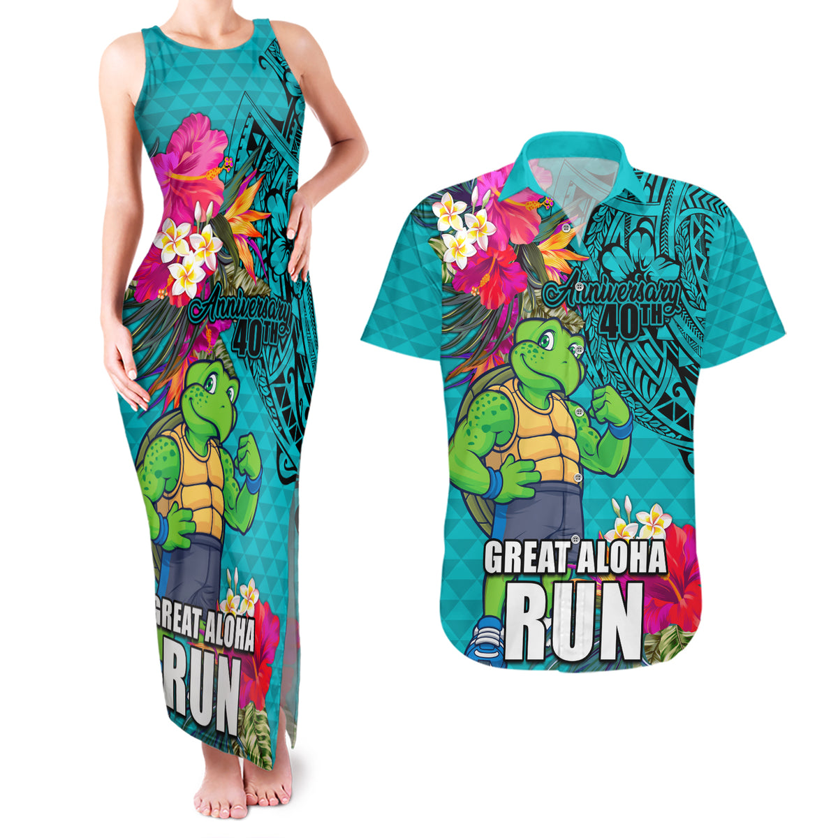 Hawaii Great Aloha Run 40th Anniversary Couples Matching Tank Maxi Dress and Hawaiian Shirt With Turtle Mascot Marathon Hibiscus and Kakau LT03 Turquoise - Polynesian Pride