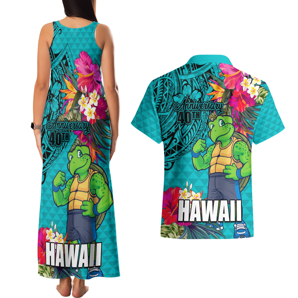 Hawaii Great Aloha Run 40th Anniversary Couples Matching Tank Maxi Dress and Hawaiian Shirt With Turtle Mascot Marathon Hibiscus and Kakau LT03 - Polynesian Pride