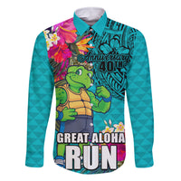 Hawaii Great Aloha Run 40th Anniversary Family Matching Mermaid Dress and Hawaiian Shirt With Turtle Mascot Marathon Hibiscus and Kakau LT03 Dad's Shirt - Long Sleeve Turquoise - Polynesian Pride