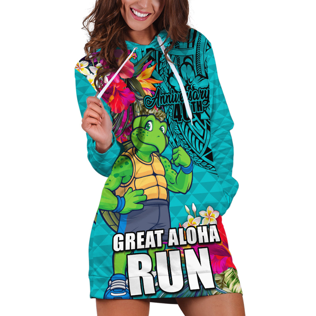 Hawaii Great Aloha Run 40th Anniversary Hoodie Dress With Turtle Mascot Marathon Hibiscus and Kakau LT03 Turquoise - Polynesian Pride