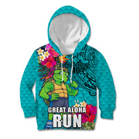 Hawaii Great Aloha Run 40th Anniversary Kid Hoodie With Turtle Mascot Marathon Hibiscus and Kakau LT03 Hoodie Turquoise - Polynesian Pride