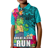 Hawaii Great Aloha Run 40th Anniversary Kid Polo Shirt With Turtle Mascot Marathon Hibiscus and Kakau LT03 Kid Turquoise - Polynesian Pride