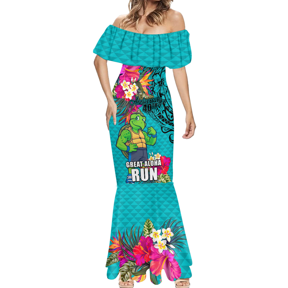 Hawaii Great Aloha Run 40th Anniversary Mermaid Dress With Turtle Mascot Marathon Hibiscus and Kakau LT03 - Polynesian Pride