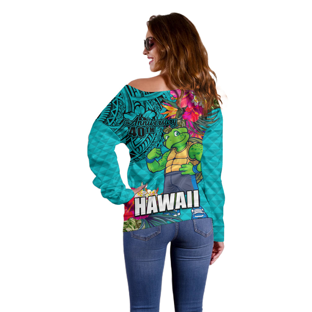 Hawaii Great Aloha Run 40th Anniversary Off Shoulder Sweater With Turtle Mascot Marathon Hibiscus and Kakau LT03 - Polynesian Pride