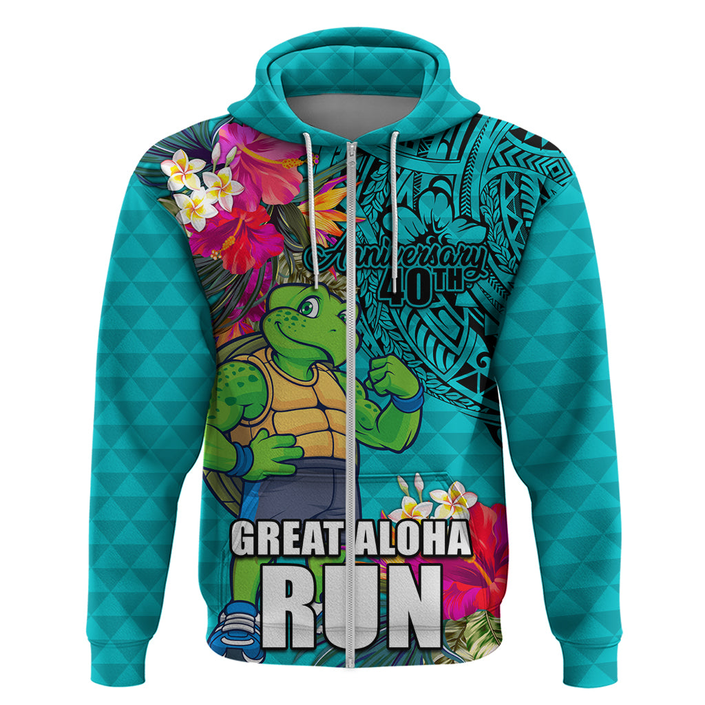 Hawaii Great Aloha Run 40th Anniversary Zip Hoodie With Turtle Mascot Marathon Hibiscus and Kakau LT03 Zip Hoodie Turquoise - Polynesian Pride