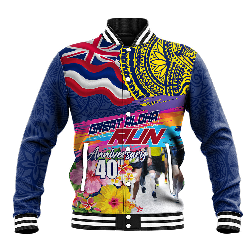 Hawaii Great Aloha Run 40th Anniversary Baseball Jacket Hibiscus and Kakau Pattern LT03 Unisex Blue - Polynesian Pride