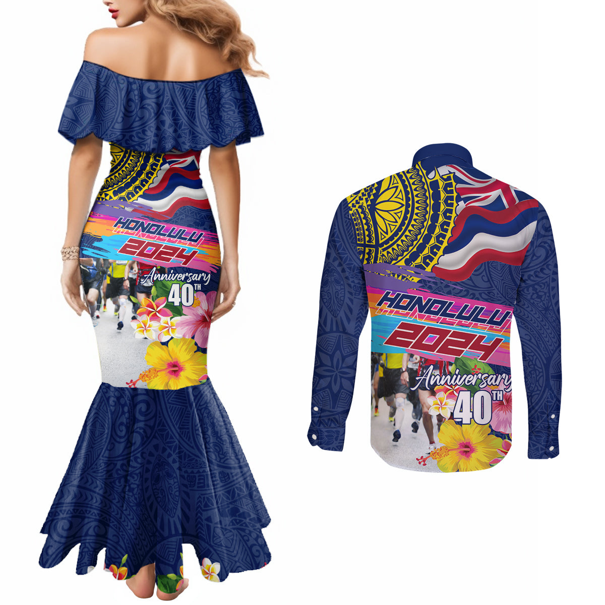 Hawaii Great Aloha Run 40th Anniversary Couples Matching Mermaid Dress and Long Sleeve Button Shirt Hibiscus and Kakau Pattern LT03 - Polynesian Pride