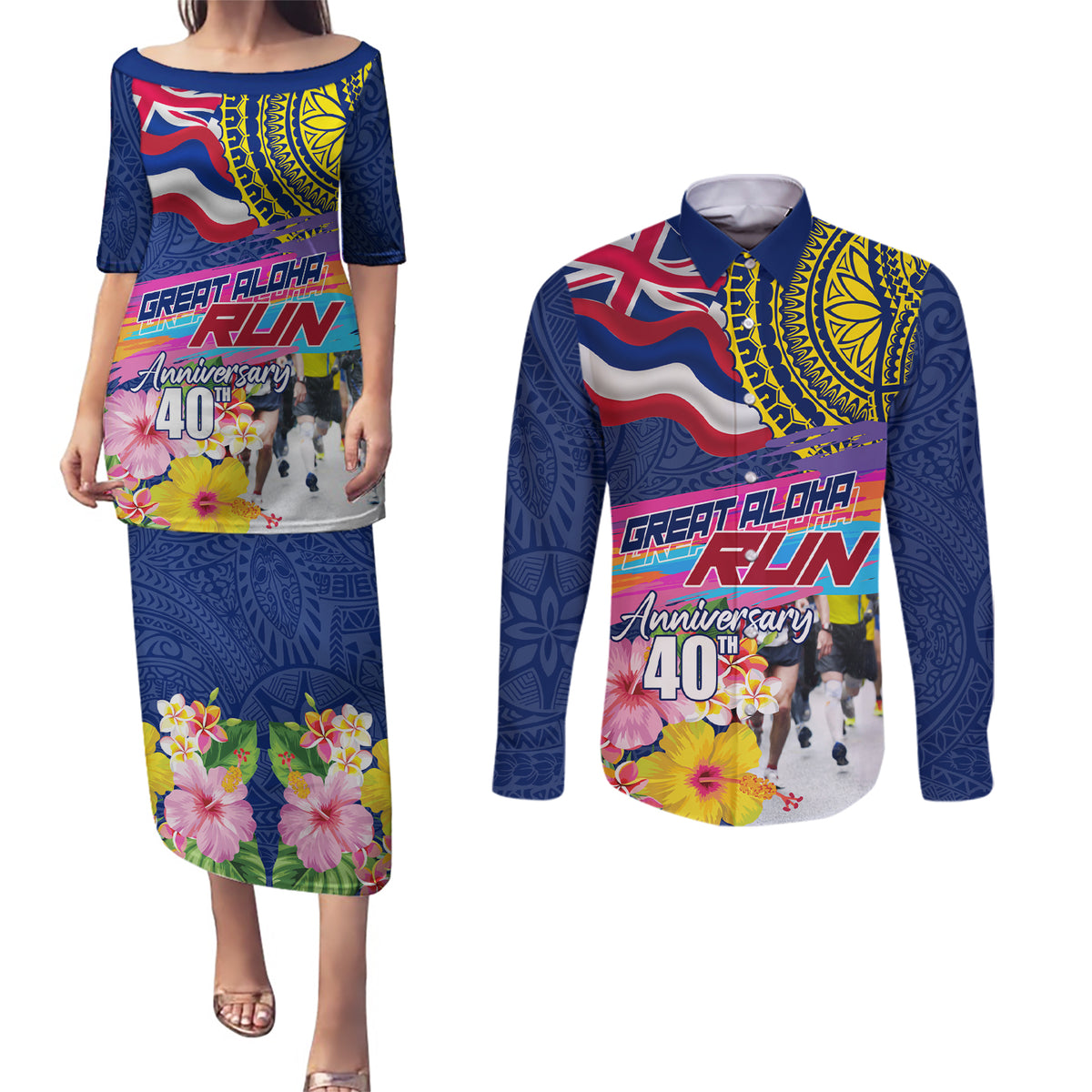 Hawaii Great Aloha Run 40th Anniversary Couples Matching Puletasi and Long Sleeve Button Shirt Hibiscus and Kakau Pattern LT03 Blue - Polynesian Pride