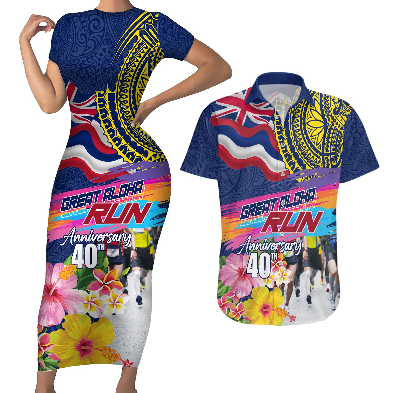 Hawaii Great Aloha Run 40th Anniversary Couples Matching Short Sleeve Bodycon Dress and Hawaiian Shirt Hibiscus and Kakau Pattern LT03 Blue - Polynesian Pride