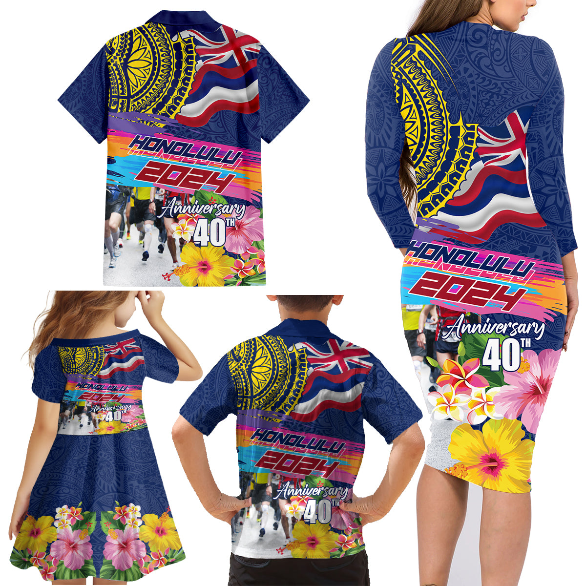 Hawaii Great Aloha Run 40th Anniversary Family Matching Long Sleeve Bodycon Dress and Hawaiian Shirt Hibiscus and Kakau Pattern LT03 - Polynesian Pride