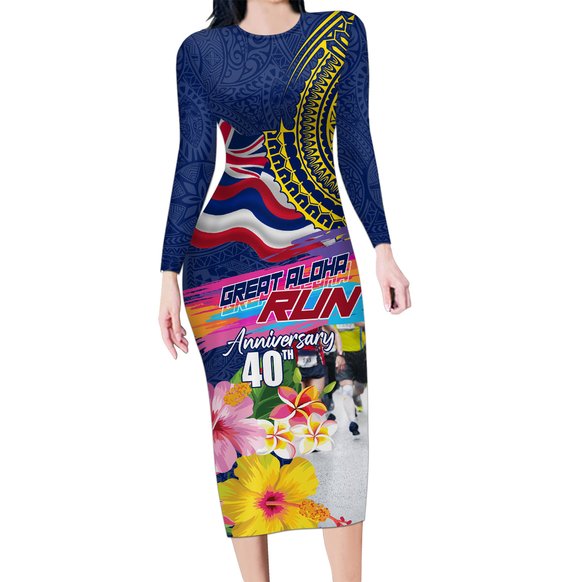 Hawaii Great Aloha Run 40th Anniversary Family Matching Long Sleeve Bodycon Dress and Hawaiian Shirt Hibiscus and Kakau Pattern LT03 Mom's Dress Blue - Polynesian Pride