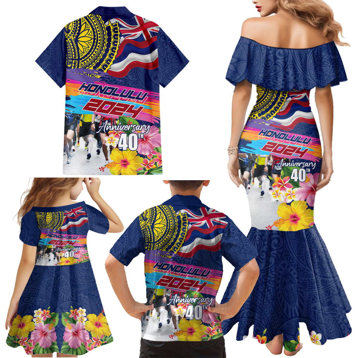 Hawaii Great Aloha Run 40th Anniversary Family Matching Mermaid Dress and Hawaiian Shirt Hibiscus and Kakau Pattern LT03 - Polynesian Pride