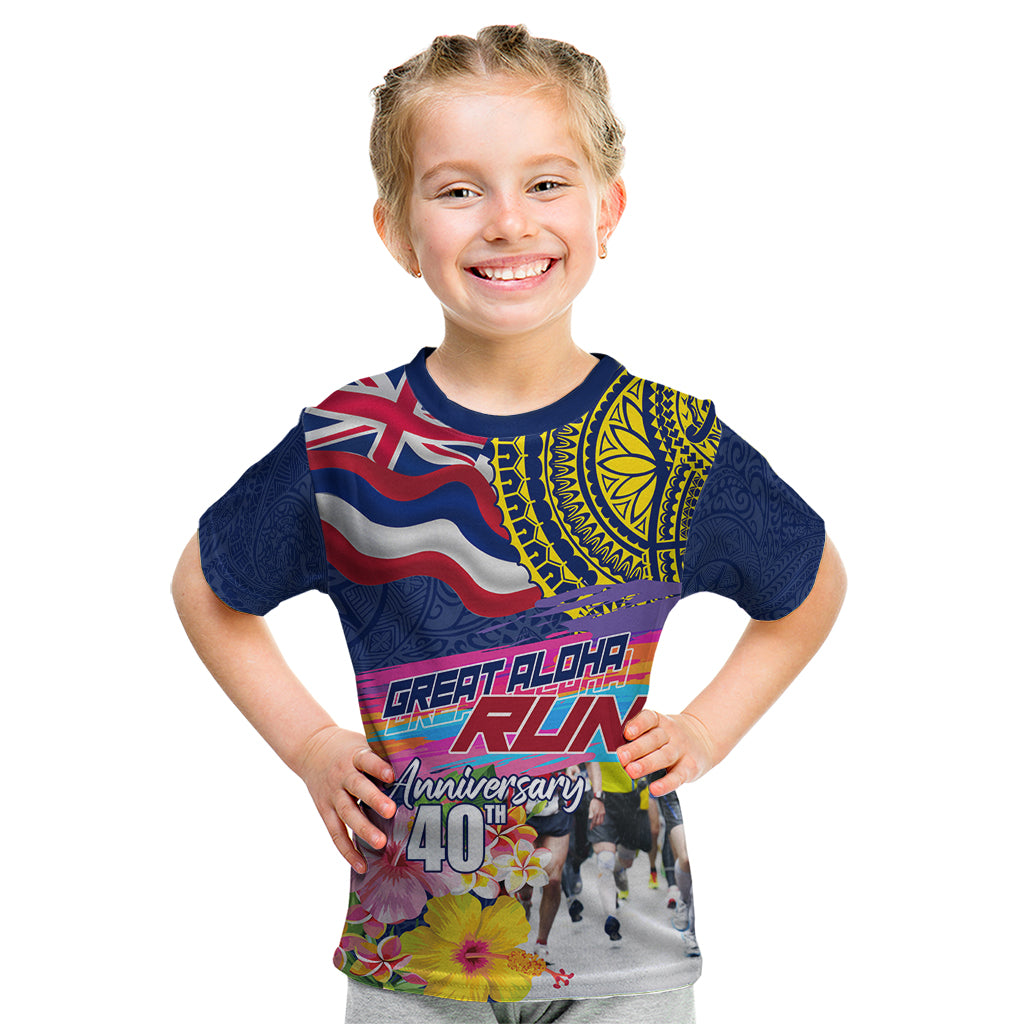Hawaii Great Aloha Run 40th Anniversary Kid T Shirt Hibiscus and Kakau Pattern LT03 Blue - Polynesian Pride