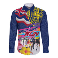 Hawaii Great Aloha Run 40th Anniversary Long Sleeve Button Shirt Hibiscus and Kakau Pattern LT03 Unisex Blue - Polynesian Pride