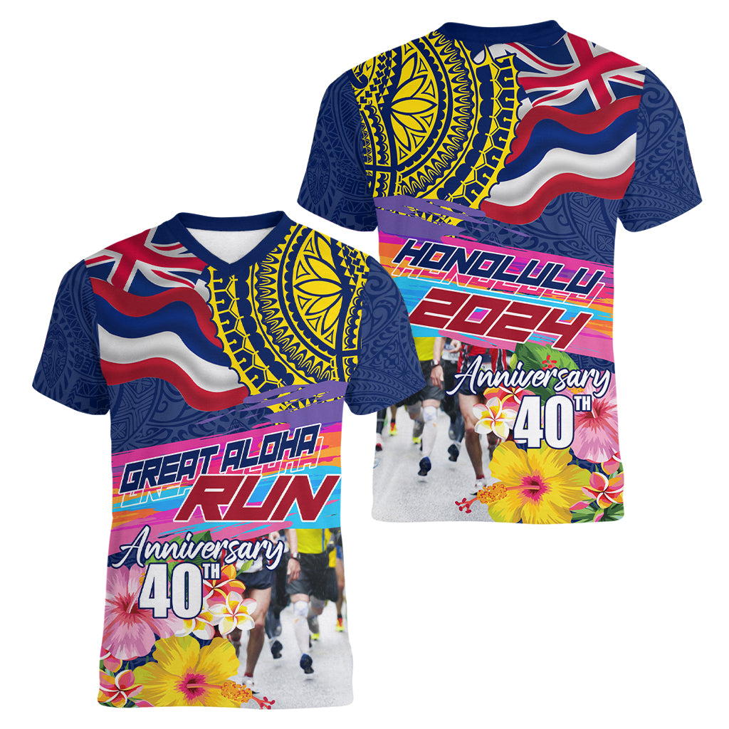 Hawaii Great Aloha Run 40th Anniversary Women V Neck T Shirt Hibiscus and Kakau Pattern LT03 - Polynesian Pride