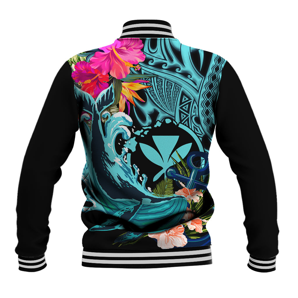 Hawaii Baseball Jacket Whale Mix Hibiscus and Kanaka Maoli LT03 - Polynesian Pride