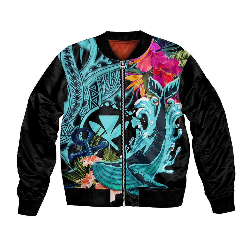 Hawaii Bomber Jacket Whale Mix Hibiscus and Kanaka Maoli LT03 Unisex Black - Polynesian Pride