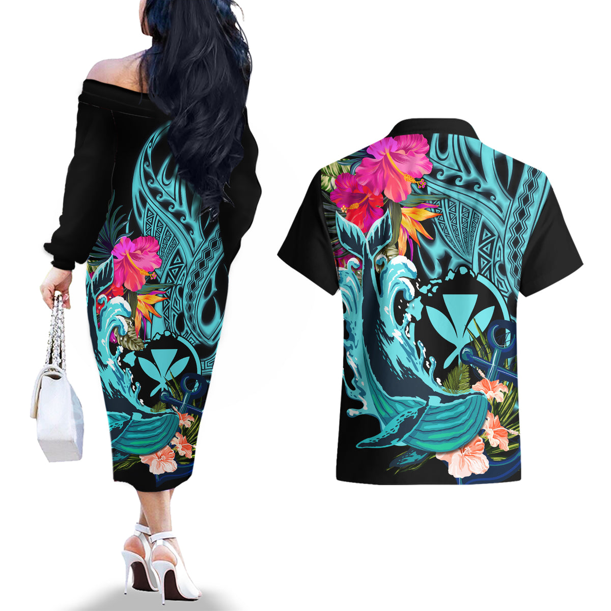 Hawaii Couples Matching Off The Shoulder Long Sleeve Dress and Hawaiian Shirt Whale Mix Hibiscus and Kanaka Maoli LT03 - Polynesian Pride