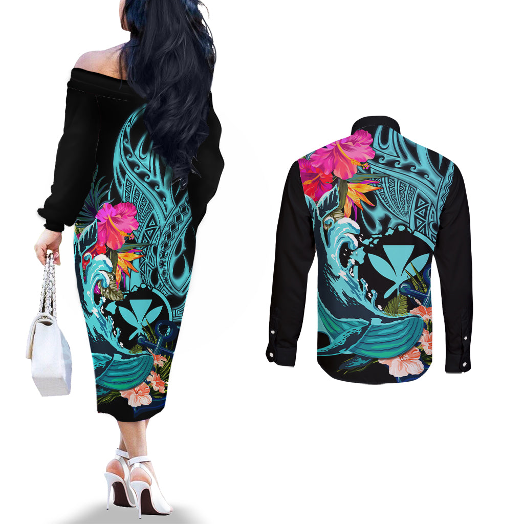 Hawaii Couples Matching Off The Shoulder Long Sleeve Dress and Long Sleeve Button Shirt Whale Mix Hibiscus and Kanaka Maoli LT03 - Polynesian Pride