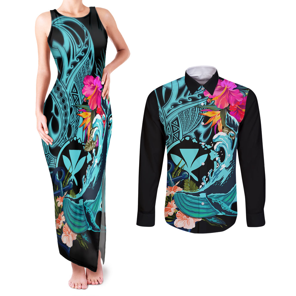 Hawaii Couples Matching Tank Maxi Dress and Long Sleeve Button Shirt Whale Mix Hibiscus and Kanaka Maoli LT03 Black - Polynesian Pride