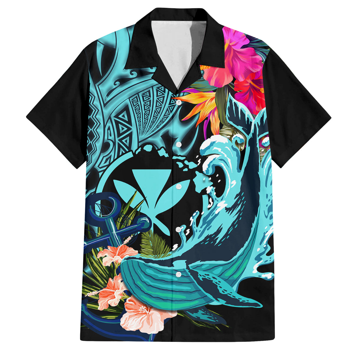 Hawaii Family Matching Long Sleeve Bodycon Dress and Hawaiian Shirt Whale Mix Hibiscus and Kanaka Maoli LT03 Dad's Shirt - Short Sleeve Black - Polynesian Pride