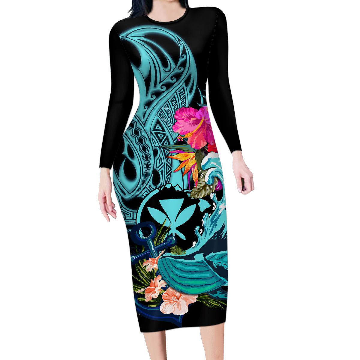 Hawaii Family Matching Long Sleeve Bodycon Dress and Hawaiian Shirt Whale Mix Hibiscus and Kanaka Maoli LT03 Mom's Dress Black - Polynesian Pride