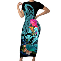 Hawaii Family Matching Short Sleeve Bodycon Dress and Hawaiian Shirt Whale Mix Hibiscus and Kanaka Maoli LT03 Mom's Dress Black - Polynesian Pride