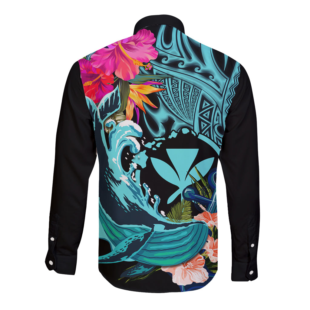 Hawaii Long Sleeve Button Shirt Whale Mix Hibiscus and Kanaka Maoli LT03 - Polynesian Pride