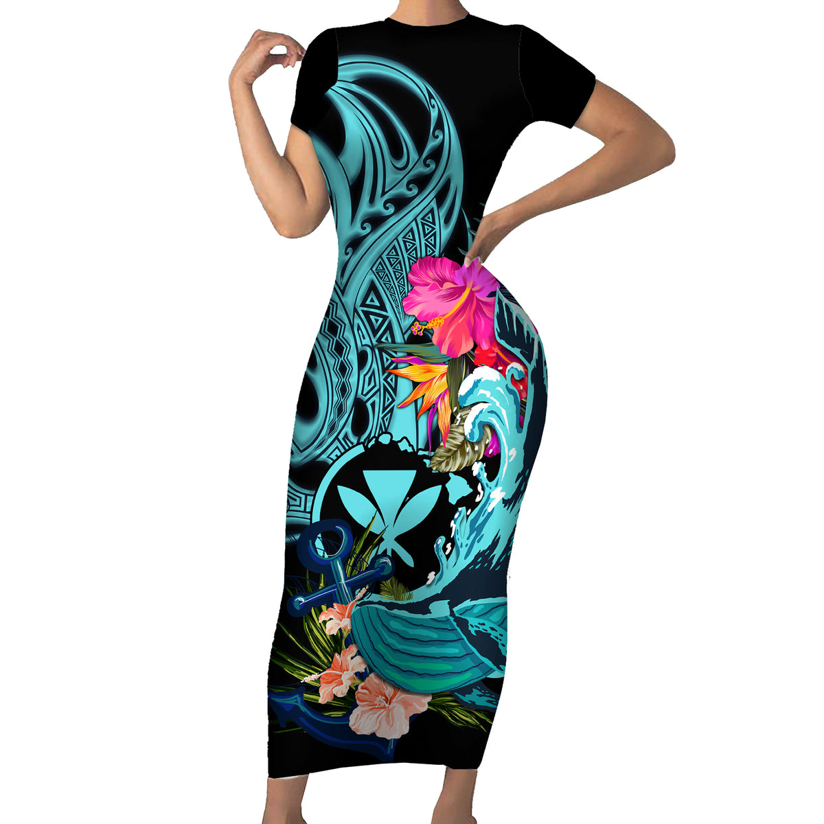 Hawaii Short Sleeve Bodycon Dress Whale Mix Hibiscus and Kanaka Maoli LT03 Long Dress Black - Polynesian Pride