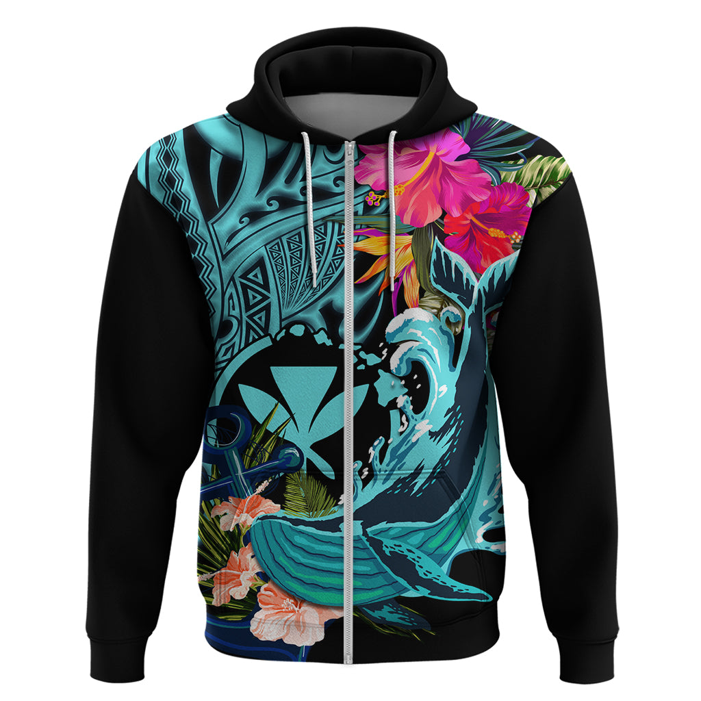 Hawaii Zip Hoodie Whale Mix Hibiscus and Kanaka Maoli LT03 Zip Hoodie Black - Polynesian Pride
