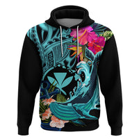 Hawaii Zip Hoodie Whale Mix Hibiscus and Kanaka Maoli LT03 Pullover Hoodie Black - Polynesian Pride