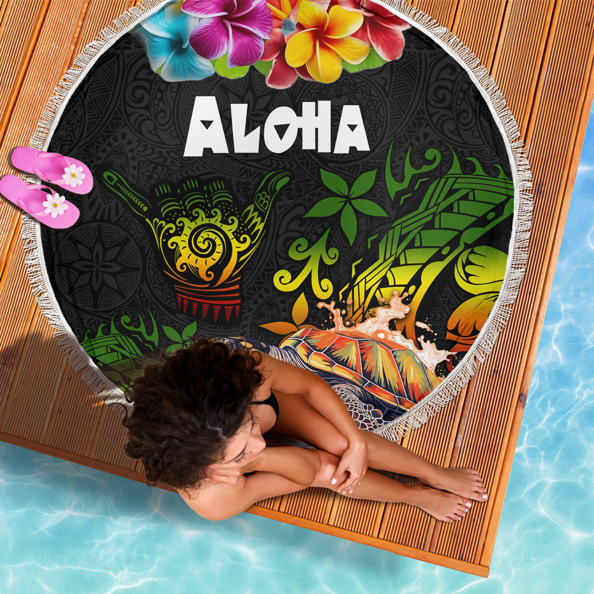 Hawaii Lei Day Beach Blanket Hibiscus Wreath and Polynesian Pattern