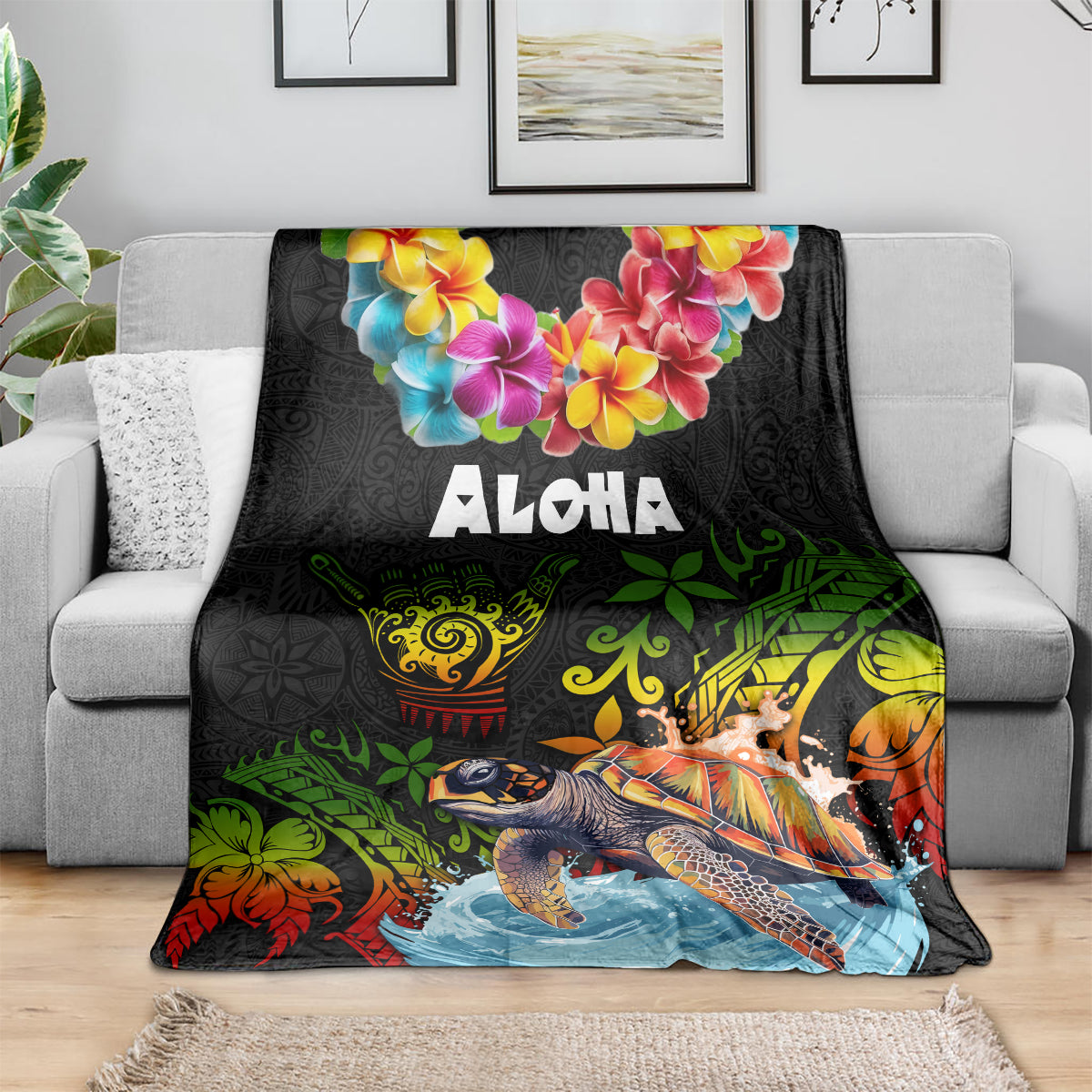Hawaii Lei Day Blanket Hibiscus Wreath and Polynesian Pattern
