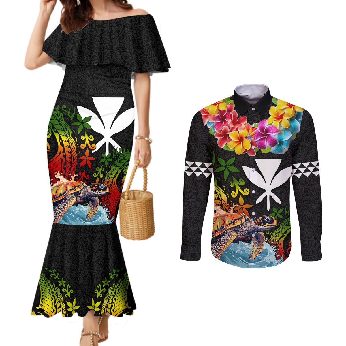 Hawaii Lei Day Couples Matching Mermaid Dress and Long Sleeve Button Shirt Hibiscus Wreath and Polynesian Pattern LT03 Black - Polynesian Pride