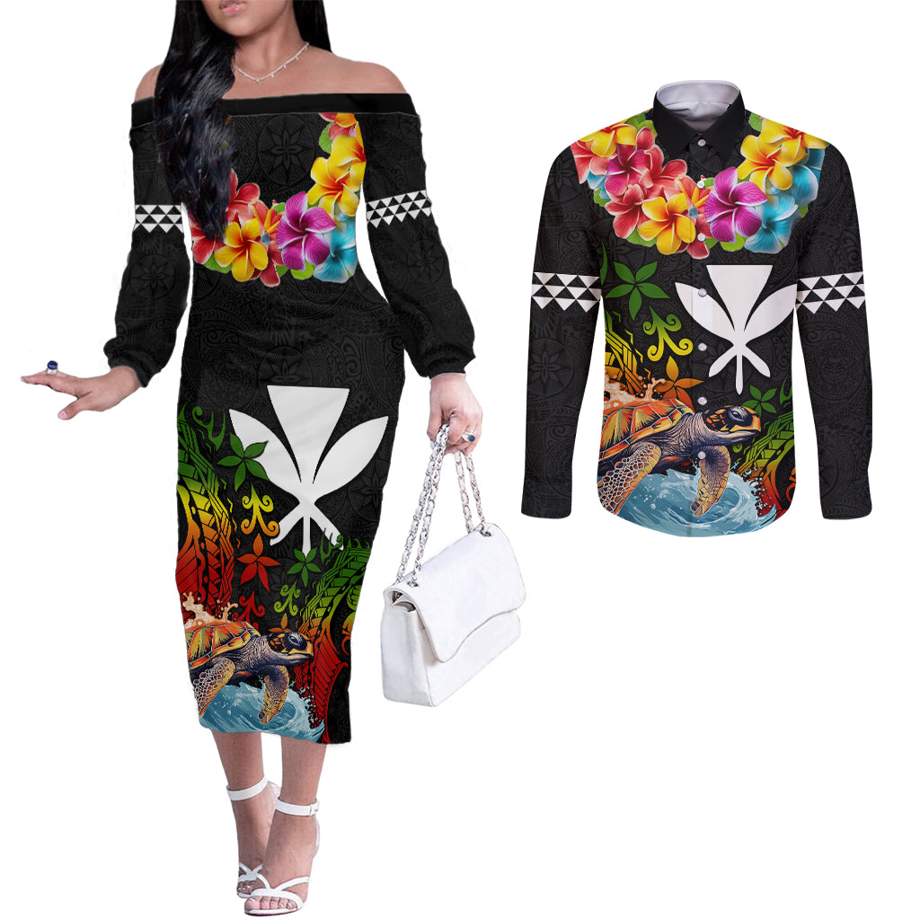 Hawaii Lei Day Couples Matching Off The Shoulder Long Sleeve Dress and Long Sleeve Button Shirt Hibiscus Wreath and Polynesian Pattern LT03 Black - Polynesian Pride