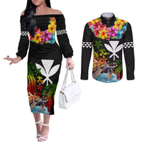 Hawaii Lei Day Couples Matching Off The Shoulder Long Sleeve Dress and Long Sleeve Button Shirt Hibiscus Wreath and Polynesian Pattern LT03 Black - Polynesian Pride