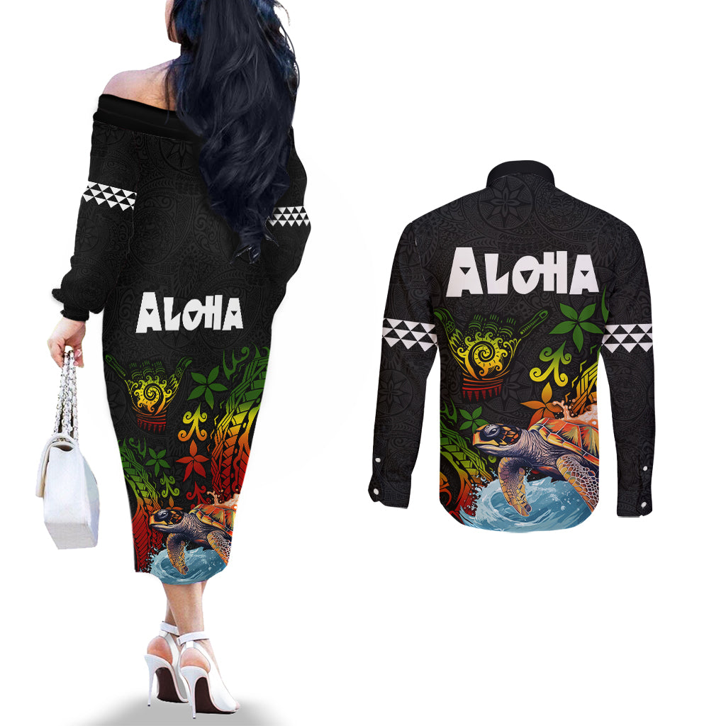 Hawaii Lei Day Couples Matching Off The Shoulder Long Sleeve Dress and Long Sleeve Button Shirt Hibiscus Wreath and Polynesian Pattern LT03 - Polynesian Pride