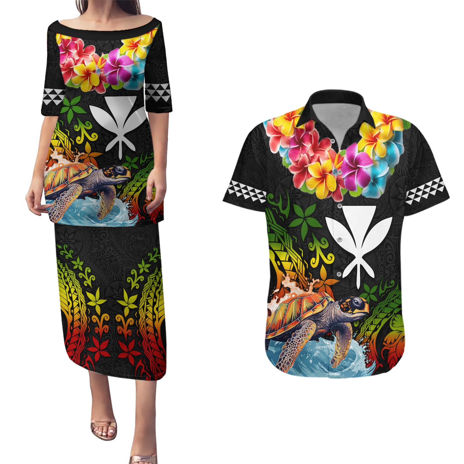 Hawaii Lei Day Couples Matching Puletasi and Hawaiian Shirt Hibiscus Wreath and Polynesian Pattern