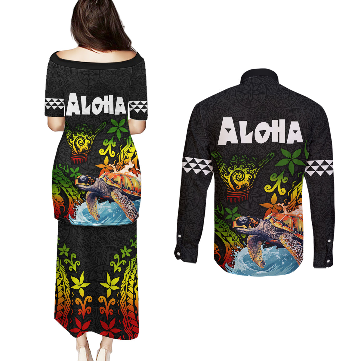 Hawaii Lei Day Couples Matching Puletasi and Long Sleeve Button Shirt Hibiscus Wreath and Polynesian Pattern