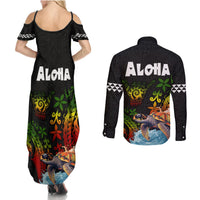 Hawaii Lei Day Couples Matching Summer Maxi Dress and Long Sleeve Button Shirt Hibiscus Wreath and Polynesian Pattern
