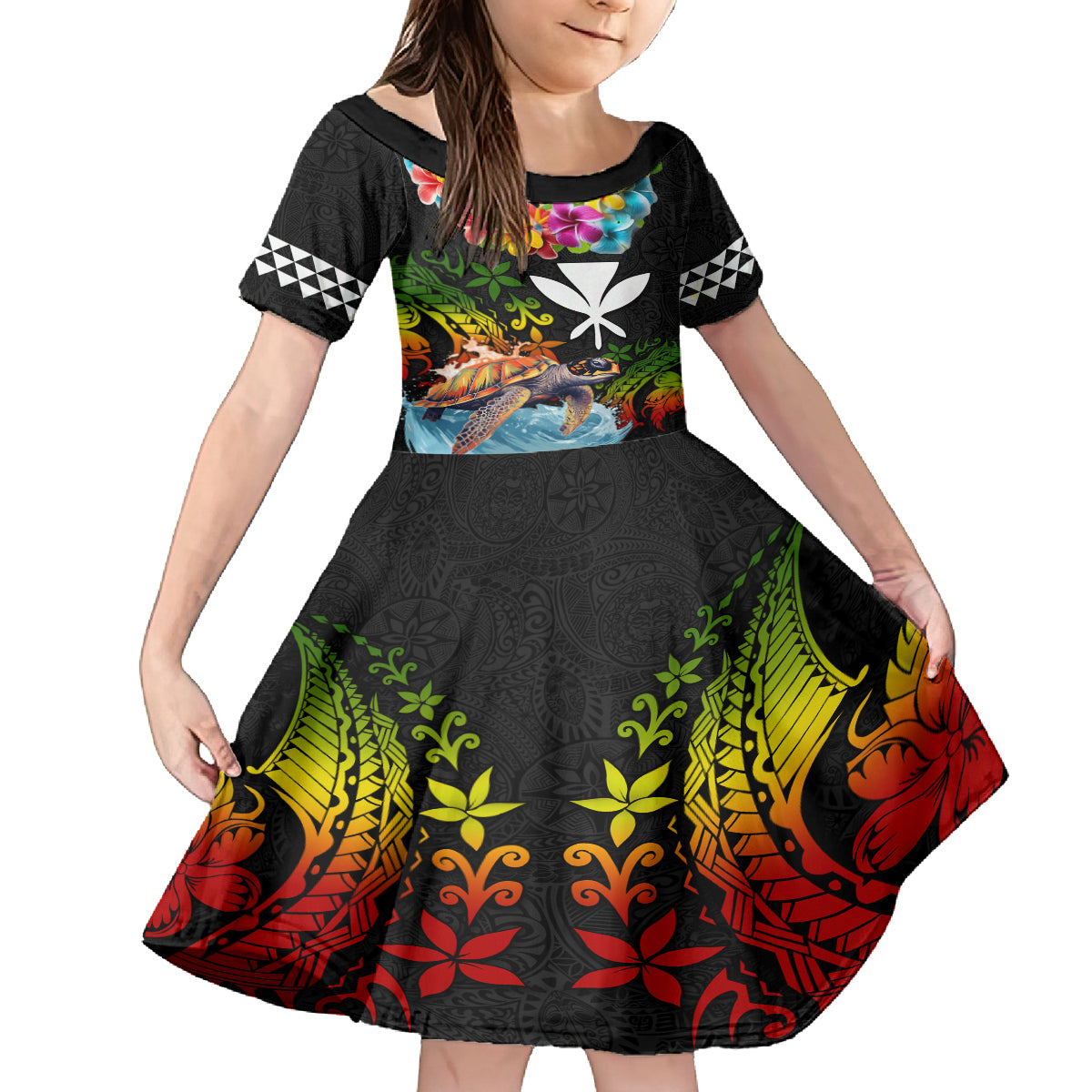 Hawaii Lei Day Family Matching Off Shoulder Maxi Dress and Hawaiian Shirt Hibiscus Wreath and Polynesian Pattern LT03 Daughter's Dress Black - Polynesian Pride